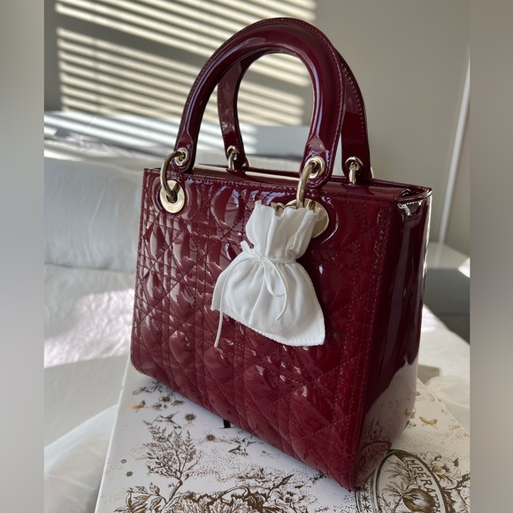 Christian Dior Medium Lady Dior Bag Bordeaux Patent Cannage Calfskin  Burgundy